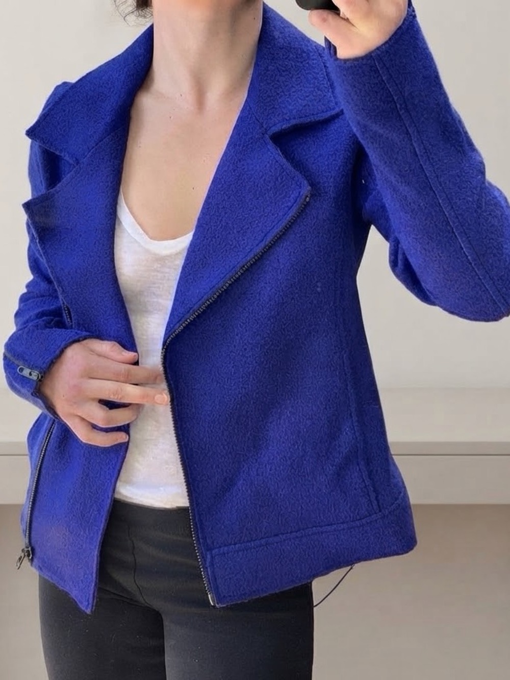 Tahari Boiled Wool Motorcycle Moto Jacket Cobalt Blue Fall Fashion Medium